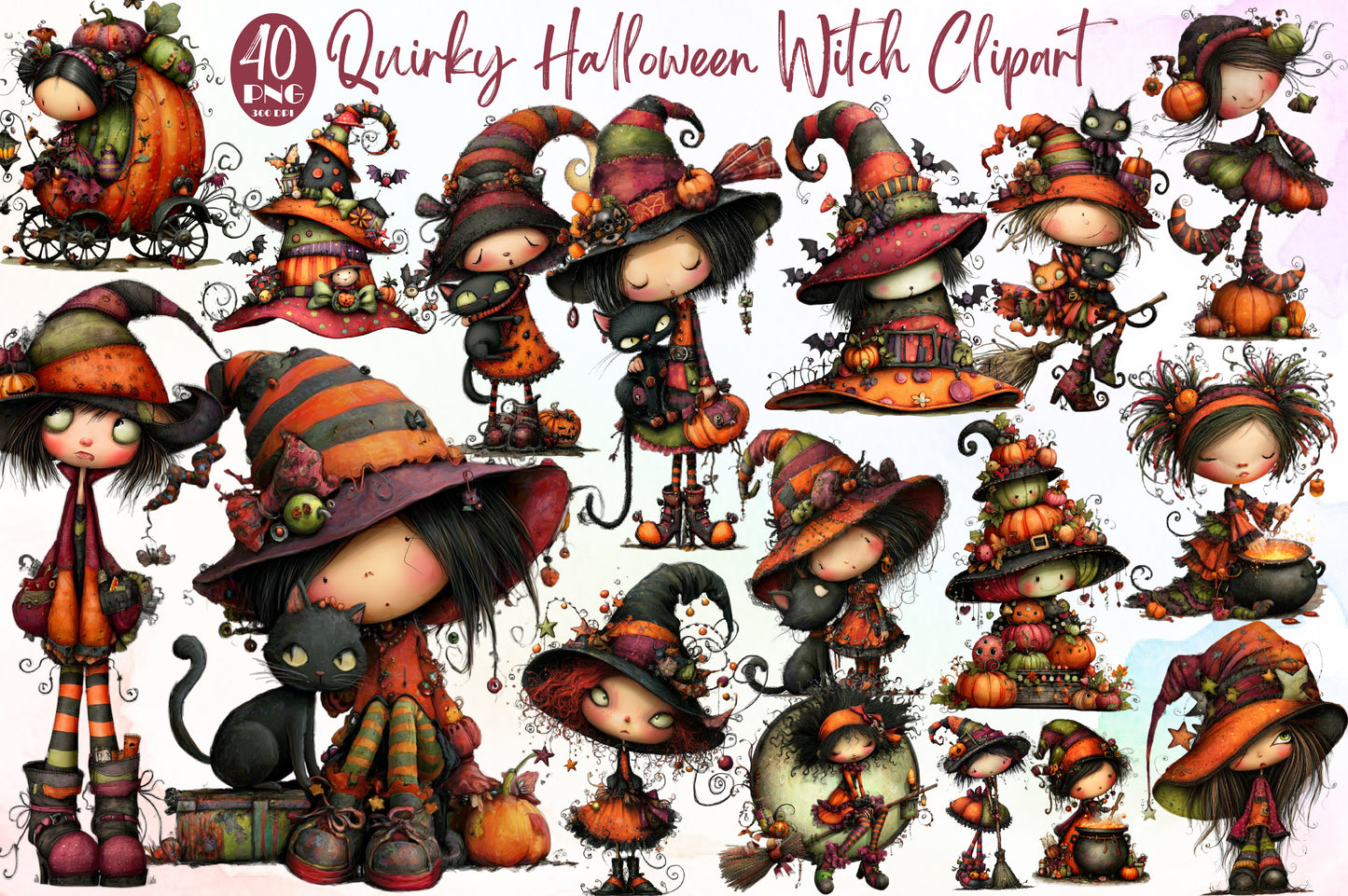 Quirky Halloween Witch PNG Clipart Bundle