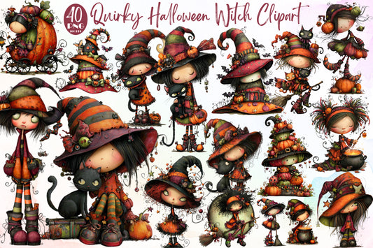 Quirky Halloween Witch PNG Clipart Bundle