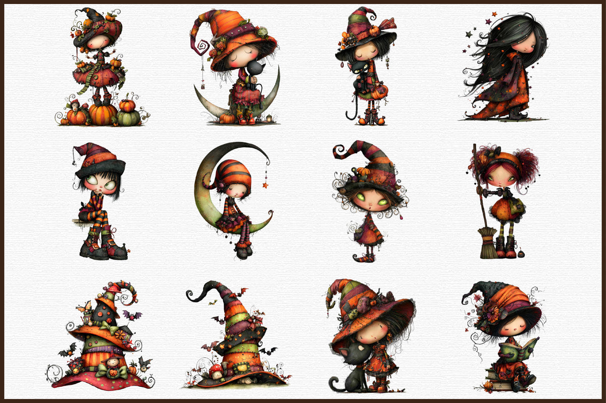 Quirky Halloween Witch PNG Clipart Bundle