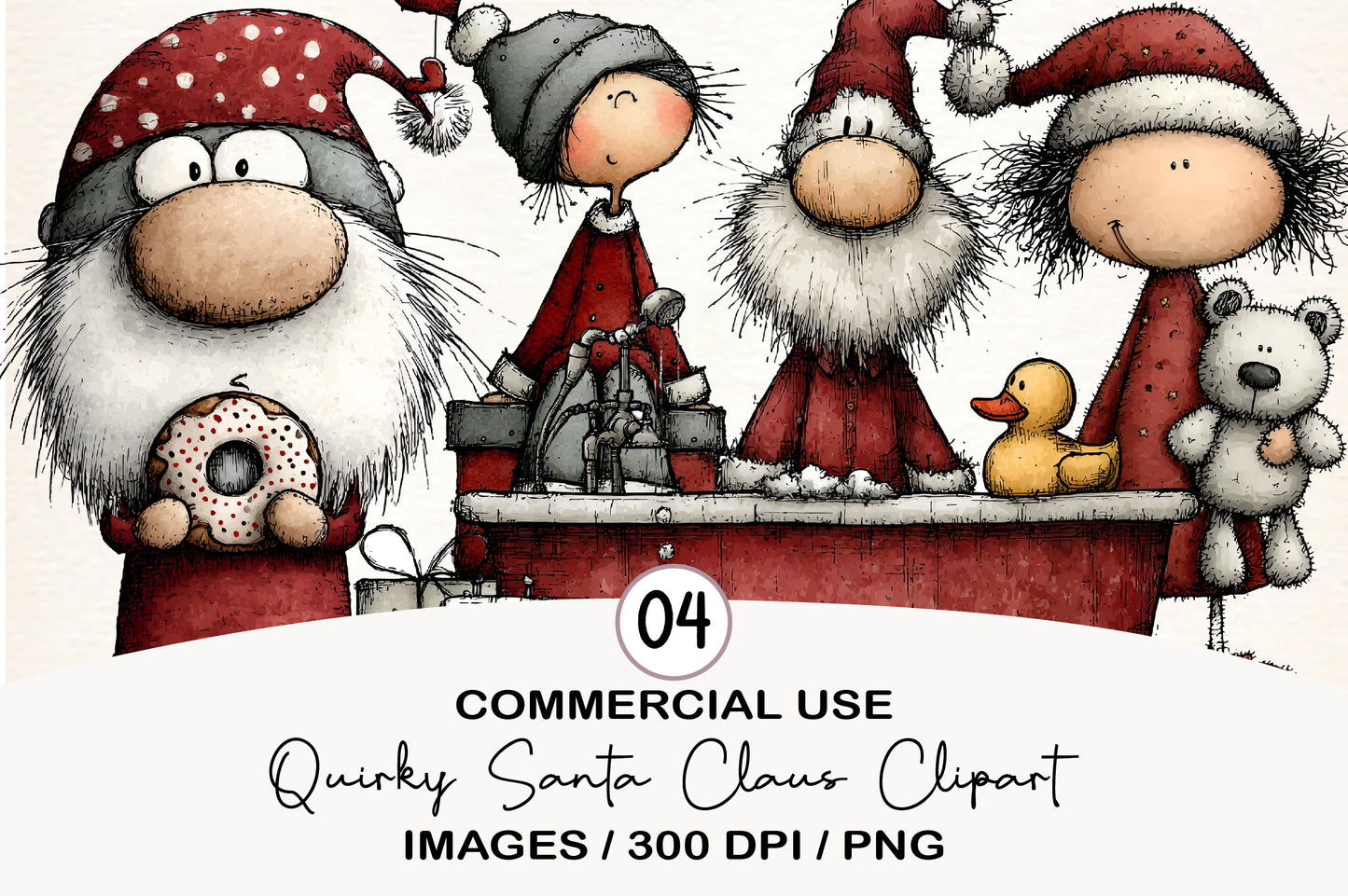 Quirky Santa Claus Clipart PNG Bundle | Cute Watercolor Funny Santa Christmas Clipart
