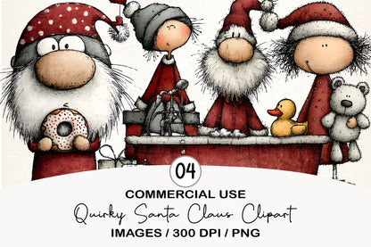 Quirky Santa Claus Clipart PNG Bundle | Cute Watercolor Funny Santa Christmas Clipart