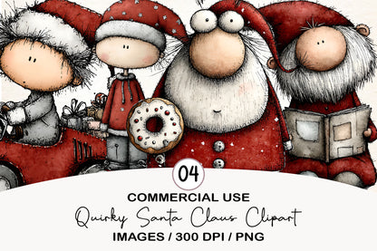 Quirky Santa Claus Clipart PNG Bundle | Watercolor Funny Santa Christmas PNG | Cute Holiday Clipart