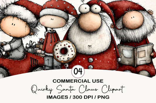 Quirky Santa Claus Clipart PNG Bundle | Watercolor Funny Santa Christmas PNG | Cute Holiday Clipart