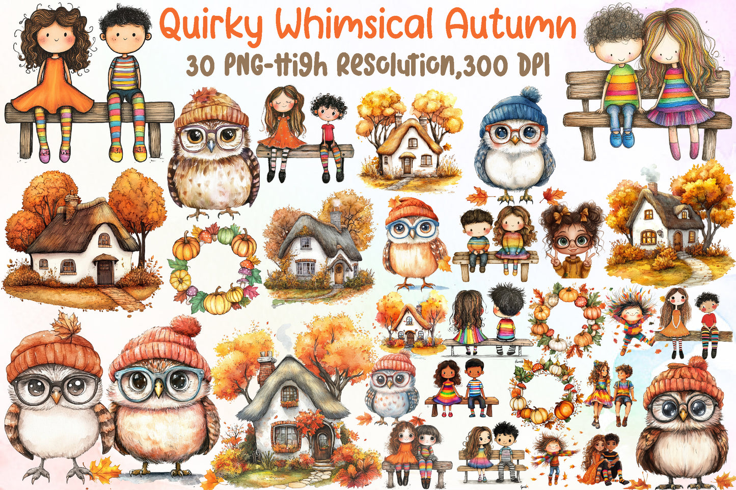 Quirky Whimsical Autumn Clipart PNG Bundle