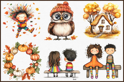 Quirky Whimsical Autumn Clipart PNG Bundle