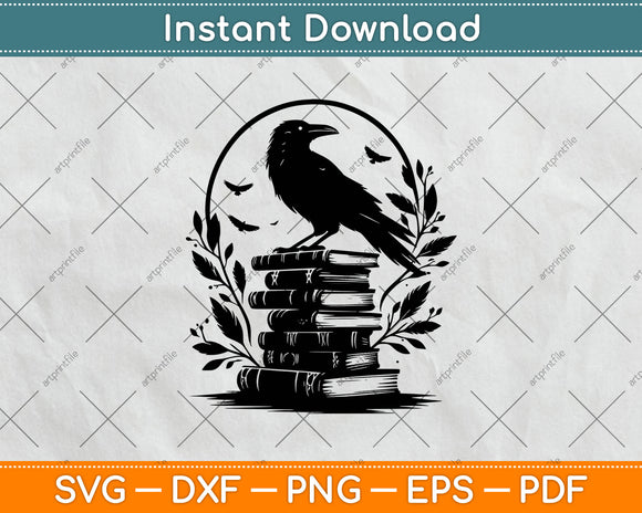 Raven On A Stack Of Books Halloween Svg Png Dxf Digital Cutting File