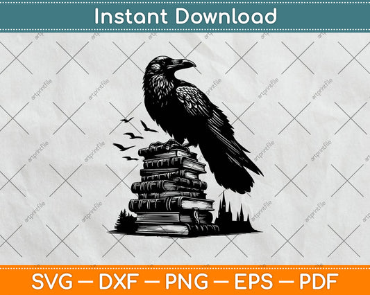 Raven On A Stack Of Books Halloween Svg Design Digital Cutting File