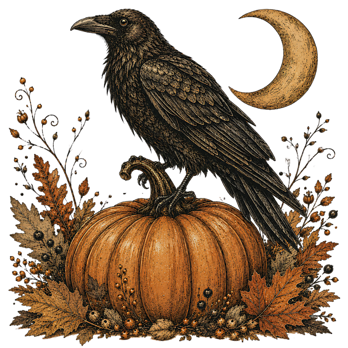 Raven Pumpkin Moon Halloween PNG