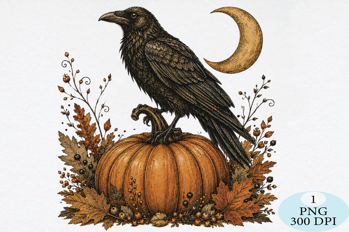 Raven Pumpkin Moon Halloween PNG