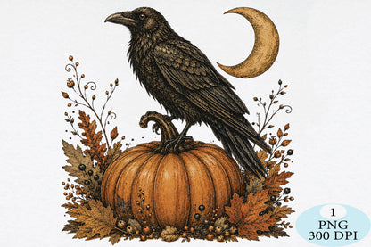 Raven Pumpkin Moon Halloween PNG