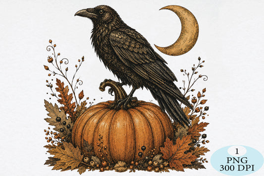 Raven Pumpkin Moon Halloween PNG