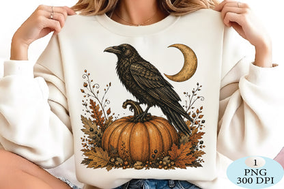 Raven Pumpkin Moon Halloween PNG