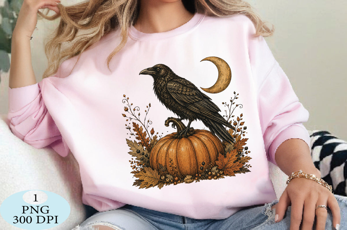 Raven Pumpkin Moon Halloween PNG