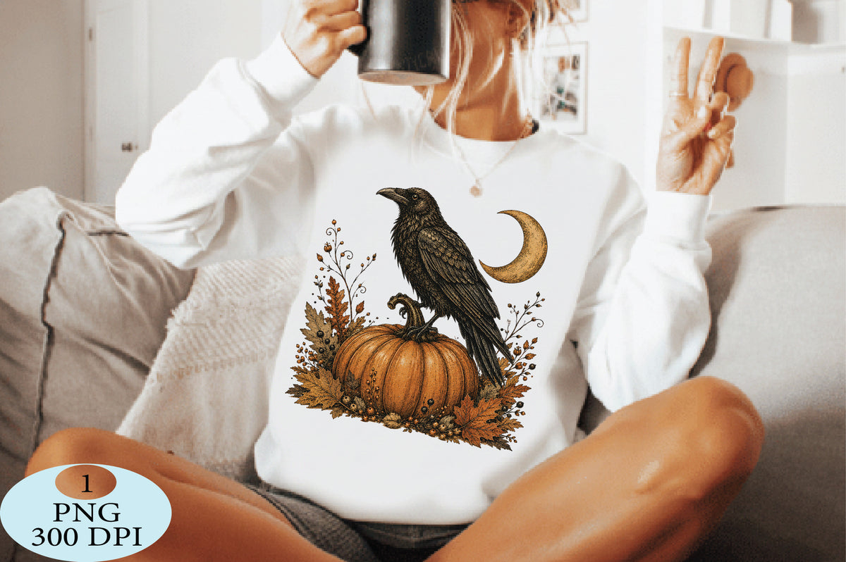 Raven Pumpkin Moon Halloween PNG