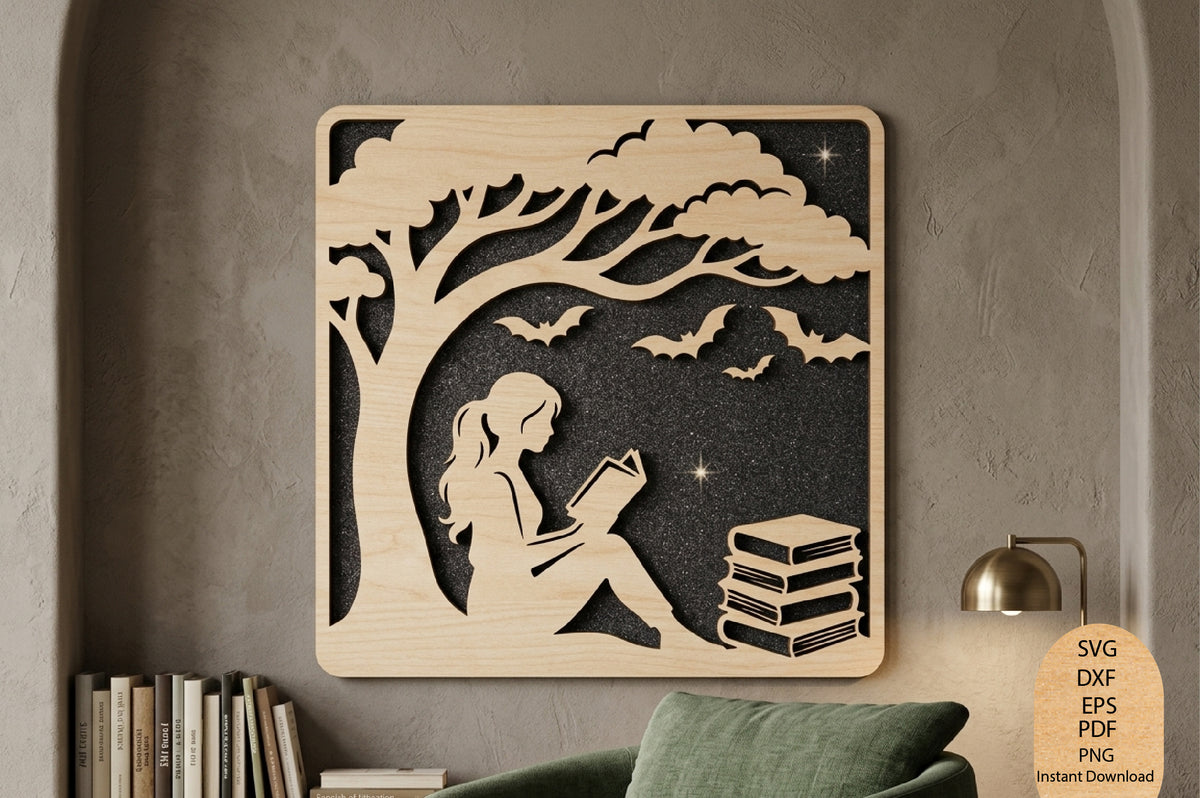 Reading Girl Under Tree Laser Cut SVG, Book Lover Wall Art Design