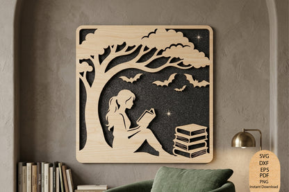 Reading Girl Under Tree Laser Cut SVG, Book Lover Wall Art Design