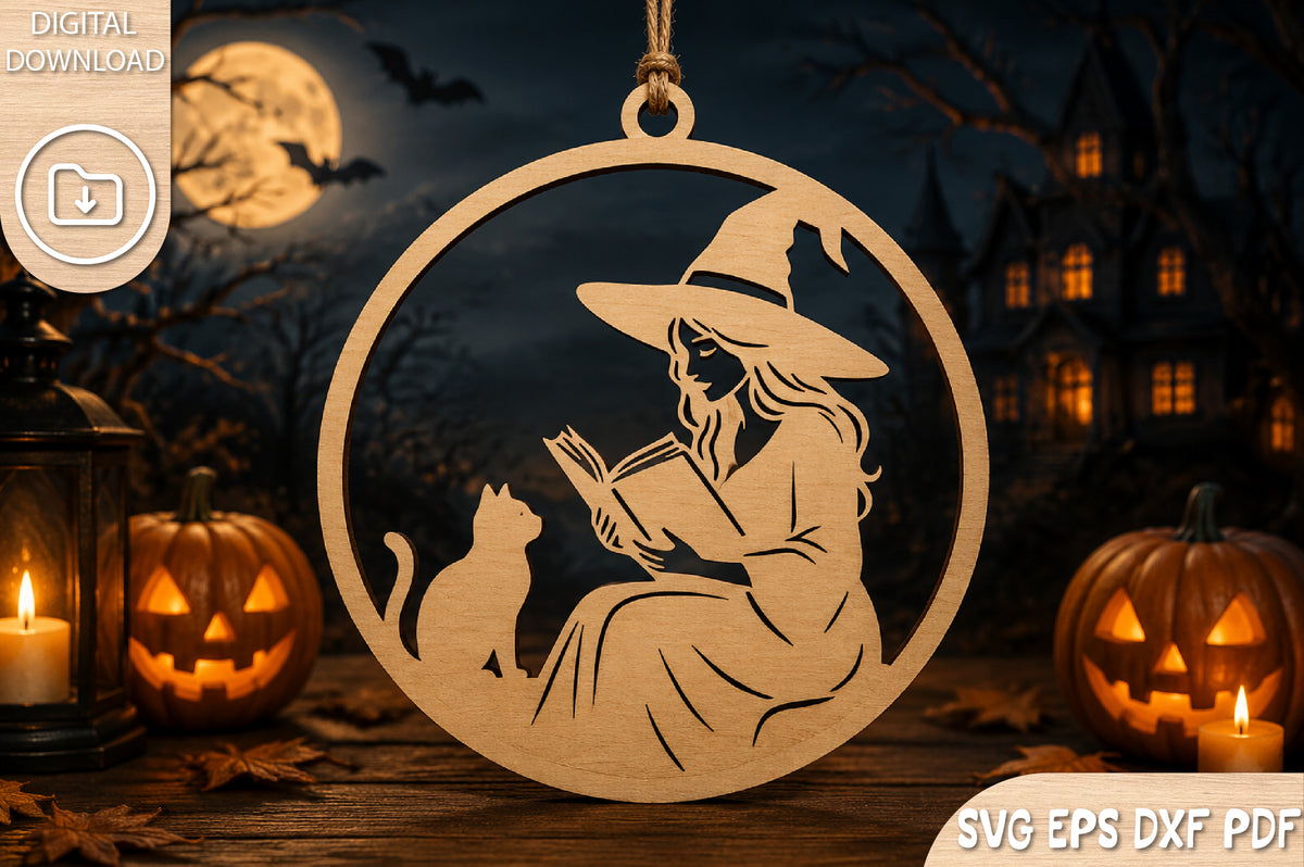Reading Witch & Cat SVG Laser Cut