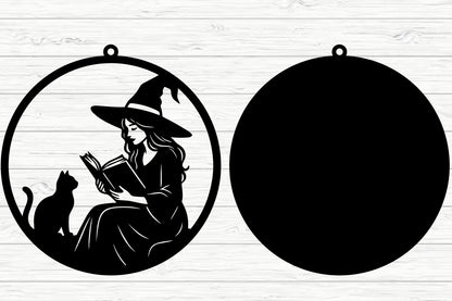 Reading Witch & Cat SVG Laser Cut