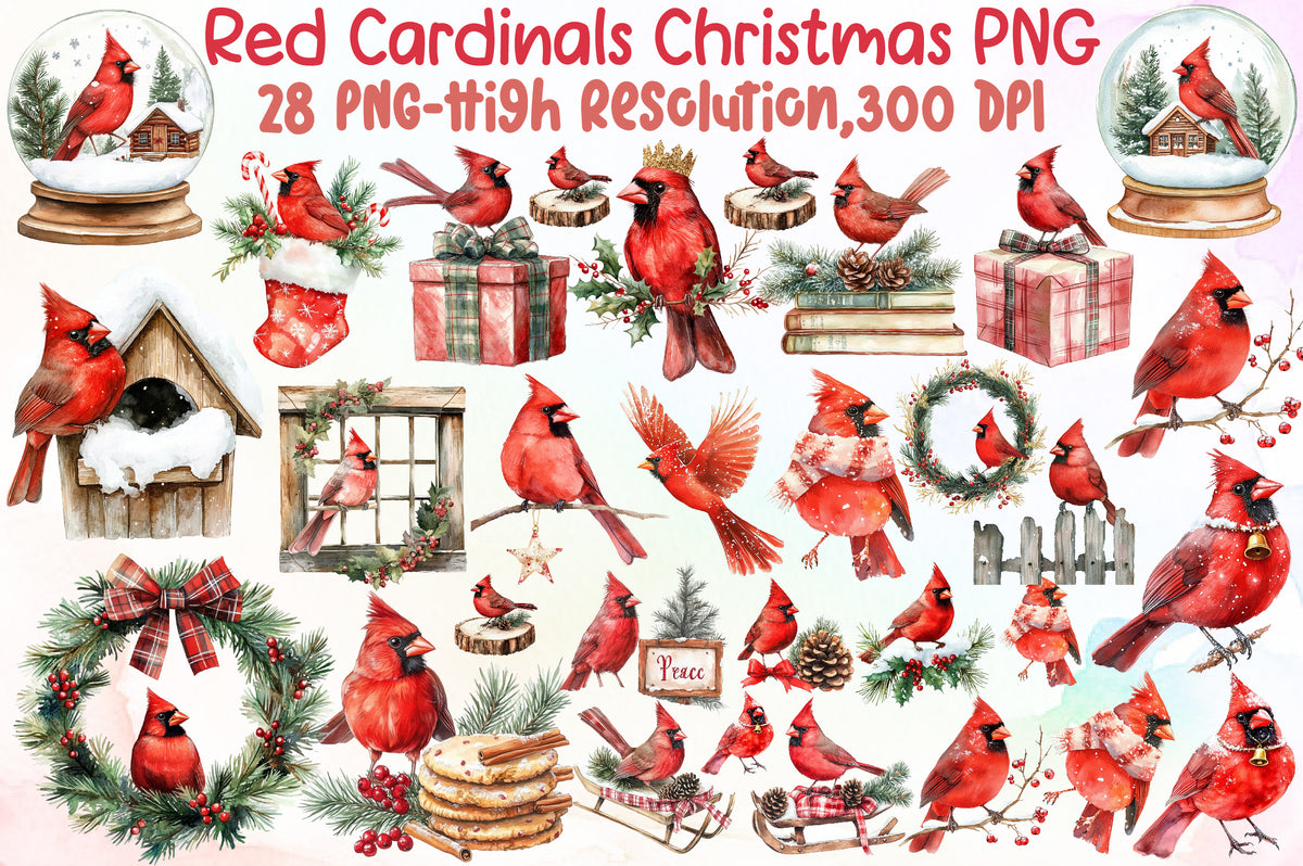 Red Cardinals Christmas Watercolor Clipart Holiday PNG Bundle
