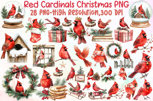 Red Cardinals Christmas Watercolor Clipart Holiday PNG Bundle