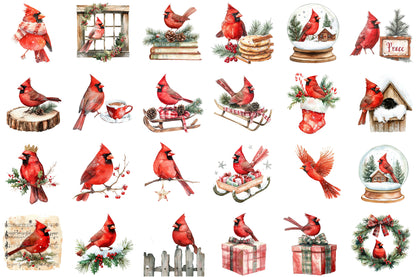 Red Cardinals Christmas Watercolor Clipart Holiday PNG Bundle
