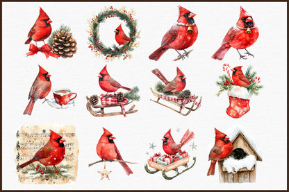 Red Cardinals Christmas Watercolor Clipart Holiday PNG Bundle