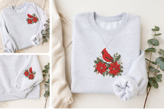 Red Cardinal with Poinsettia Embroidery Design – Christmas Bird Machine Embroidery Pattern, Festive Cardinal & Poinsettia Holiday Embroidery Design