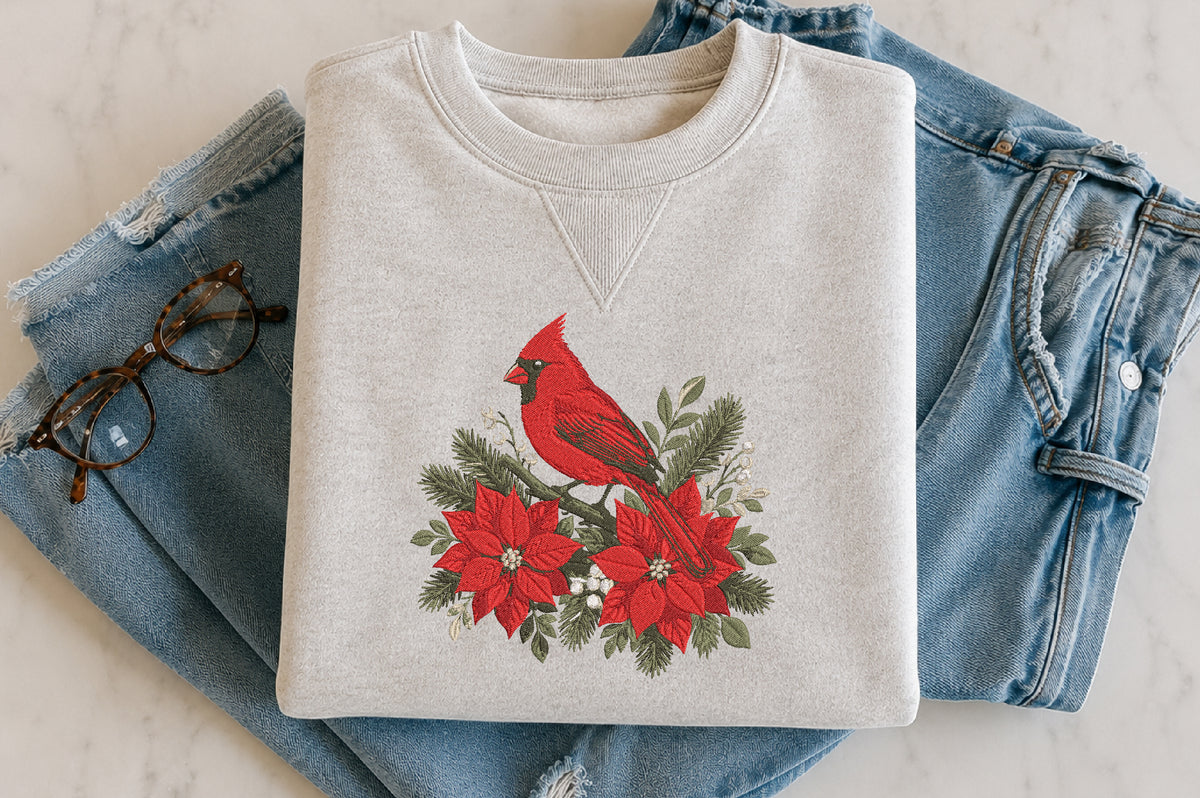 Red Cardinal with Poinsettia Embroidery Design – Christmas Bird Machine Embroidery Pattern, Festive Cardinal & Poinsettia Holiday Embroidery Design