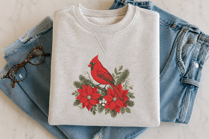 Red Cardinal with Poinsettia Embroidery Design – Christmas Bird Machine Embroidery Pattern, Festive Cardinal & Poinsettia Holiday Embroidery Design
