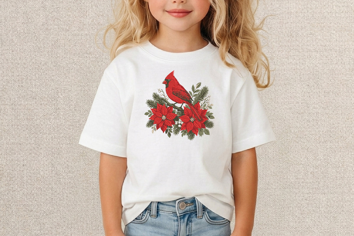 Red Cardinal with Poinsettia Embroidery Design – Christmas Bird Machine Embroidery Pattern, Festive Cardinal & Poinsettia Holiday Embroidery Design