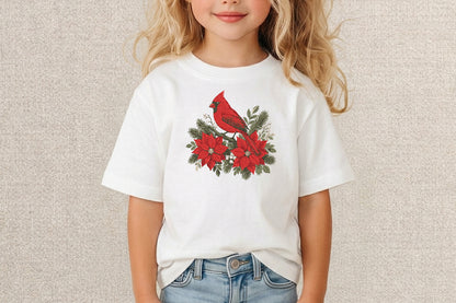 Red Cardinal with Poinsettia Embroidery Design – Christmas Bird Machine Embroidery Pattern, Festive Cardinal & Poinsettia Holiday Embroidery Design
