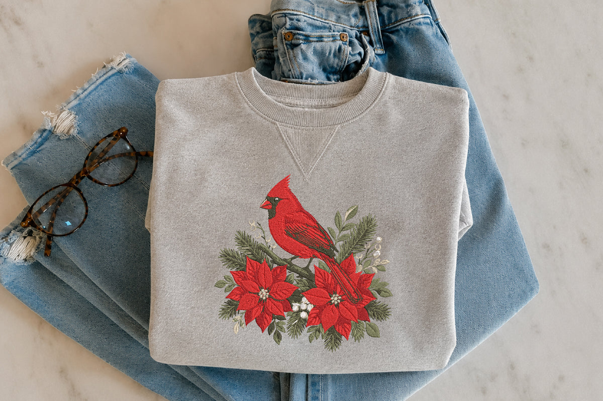 Red Cardinal with Poinsettia Embroidery Design – Christmas Bird Machine Embroidery Pattern, Festive Cardinal & Poinsettia Holiday Embroidery Design
