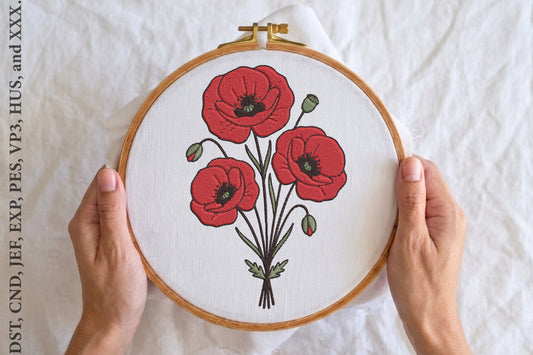 Red Poppy Flower Embroidery Design – Beautiful Red Poppy Machine Embroidery Pattern, Elegant Floral Botanical Embroidery Design