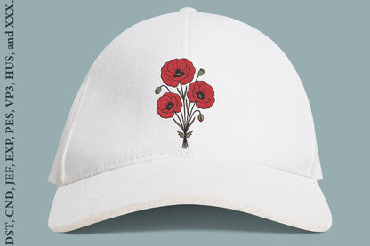 Red Poppy Flower Embroidery Design – Beautiful Red Poppy Machine Embroidery Pattern, Elegant Floral Botanical Embroidery Design