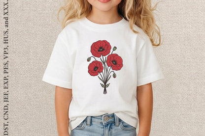 Red Poppy Flower Embroidery Design – Beautiful Red Poppy Machine Embroidery Pattern, Elegant Floral Botanical Embroidery Design