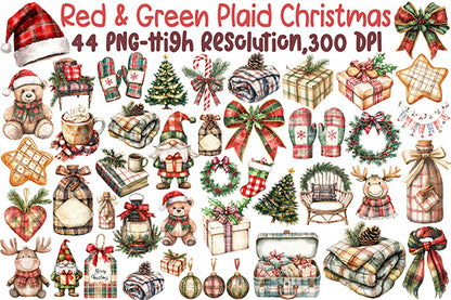 Red Green Plaid Christmas Watercolor Clipart Holiday PNG Bundle