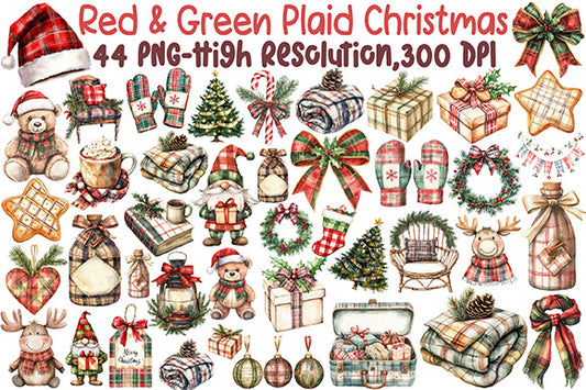 Red Green Plaid Christmas Watercolor Clipart Holiday PNG Bundle