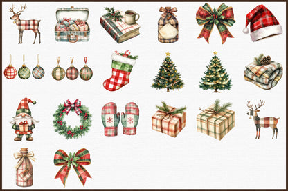 Red Green Plaid Christmas Watercolor Clipart Holiday PNG Bundle