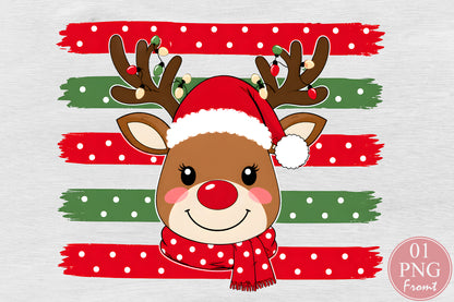 Cute Reindeer Christmas PNG Red Green Brush Stroke Sublimation Design
