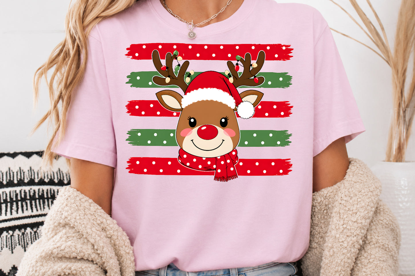 Cute Reindeer Christmas PNG Red Green Brush Stroke Sublimation Design