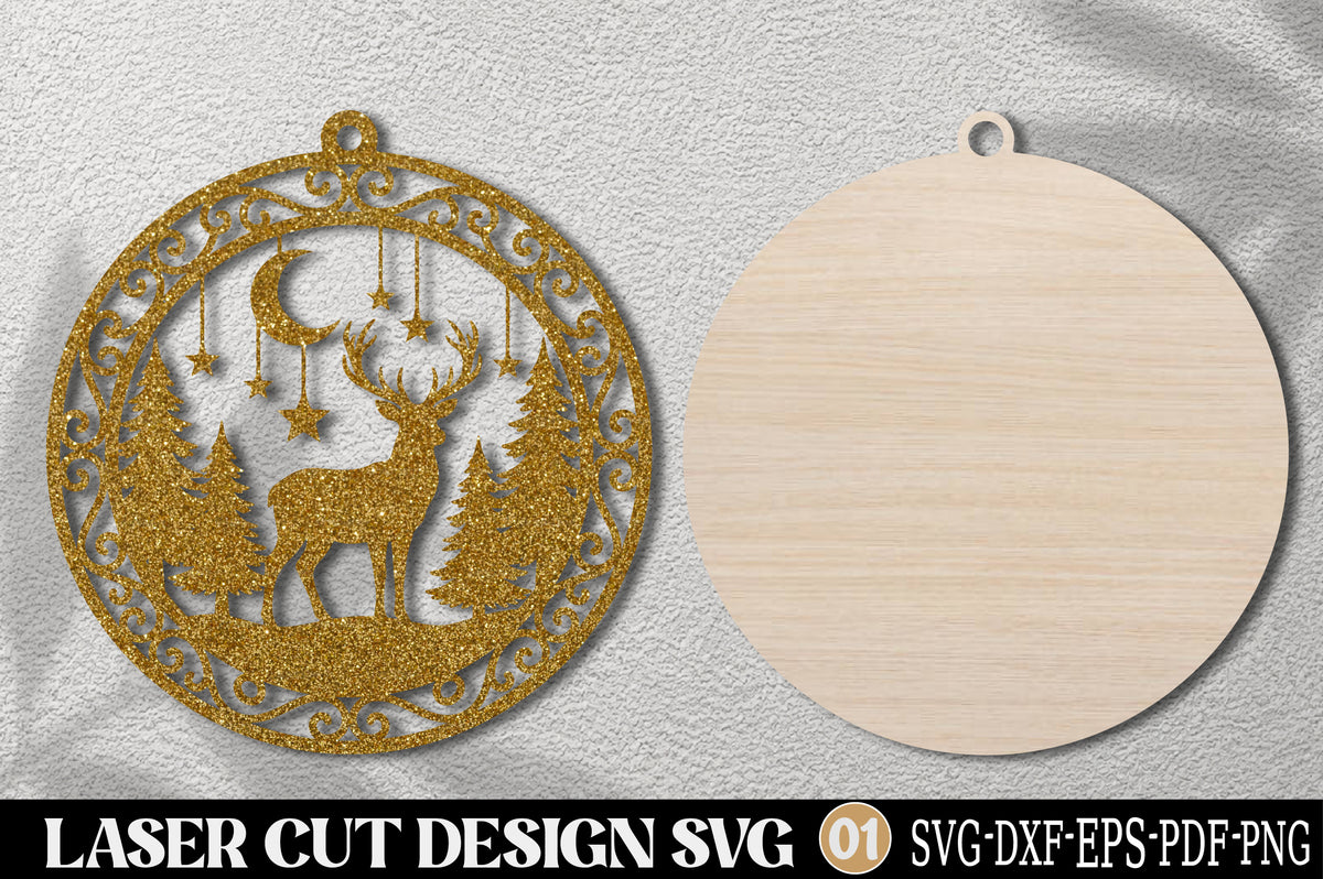 Reindeer Christmas Ornament SVG | Deer & Pine Tree Laser Cut Design