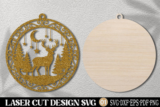 Reindeer Christmas Ornament SVG | Deer & Pine Tree Laser Cut Design