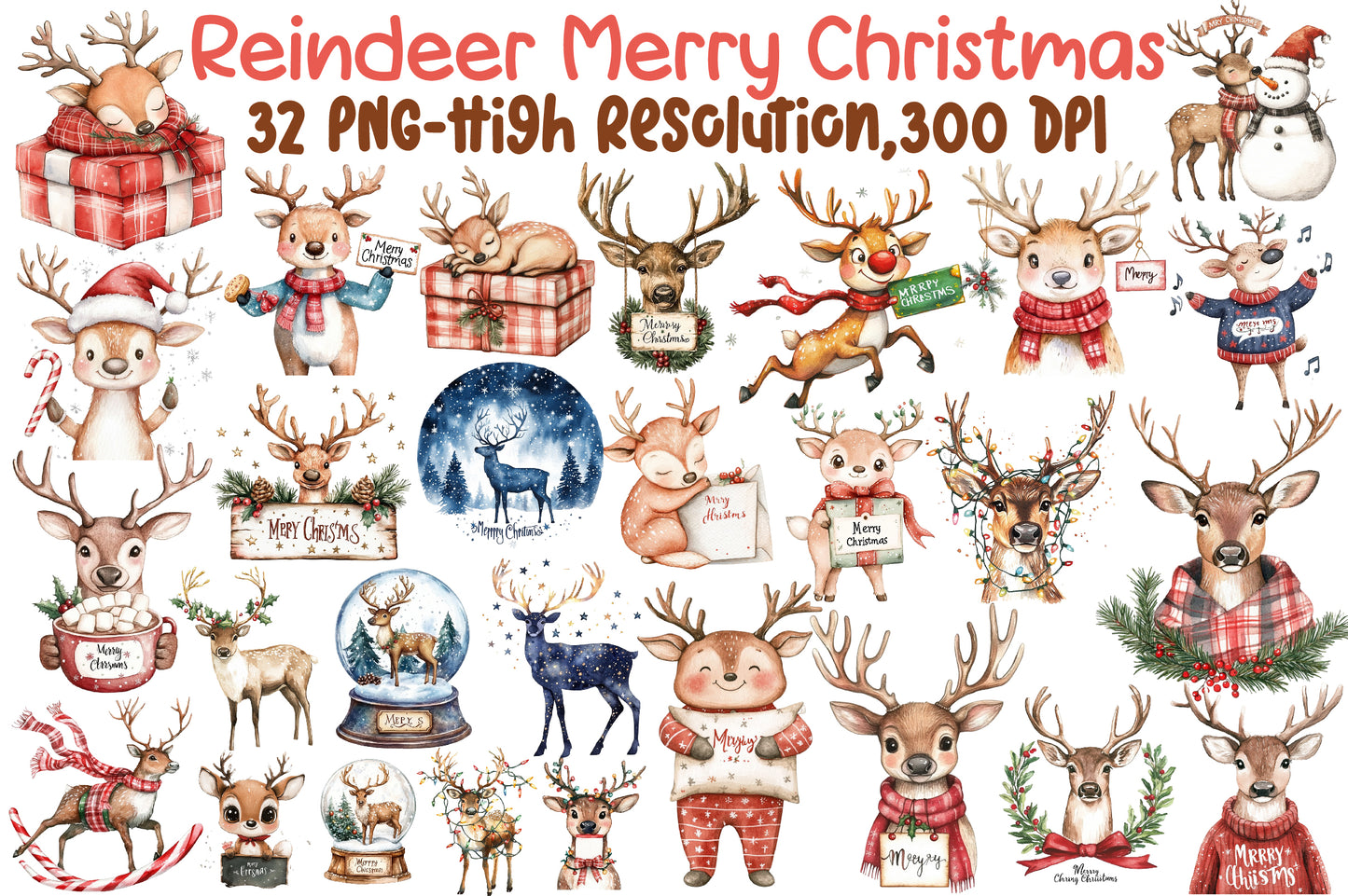 Reindeer Merry Christmas Watercolor Clipart Holiday PNG Bundle
