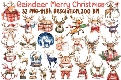 Reindeer Merry Christmas Watercolor Clipart Holiday PNG Bundle