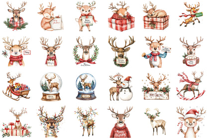 Reindeer Merry Christmas Watercolor Clipart Holiday PNG Bundle