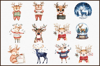 Reindeer Merry Christmas Watercolor Clipart Holiday PNG Bundle
