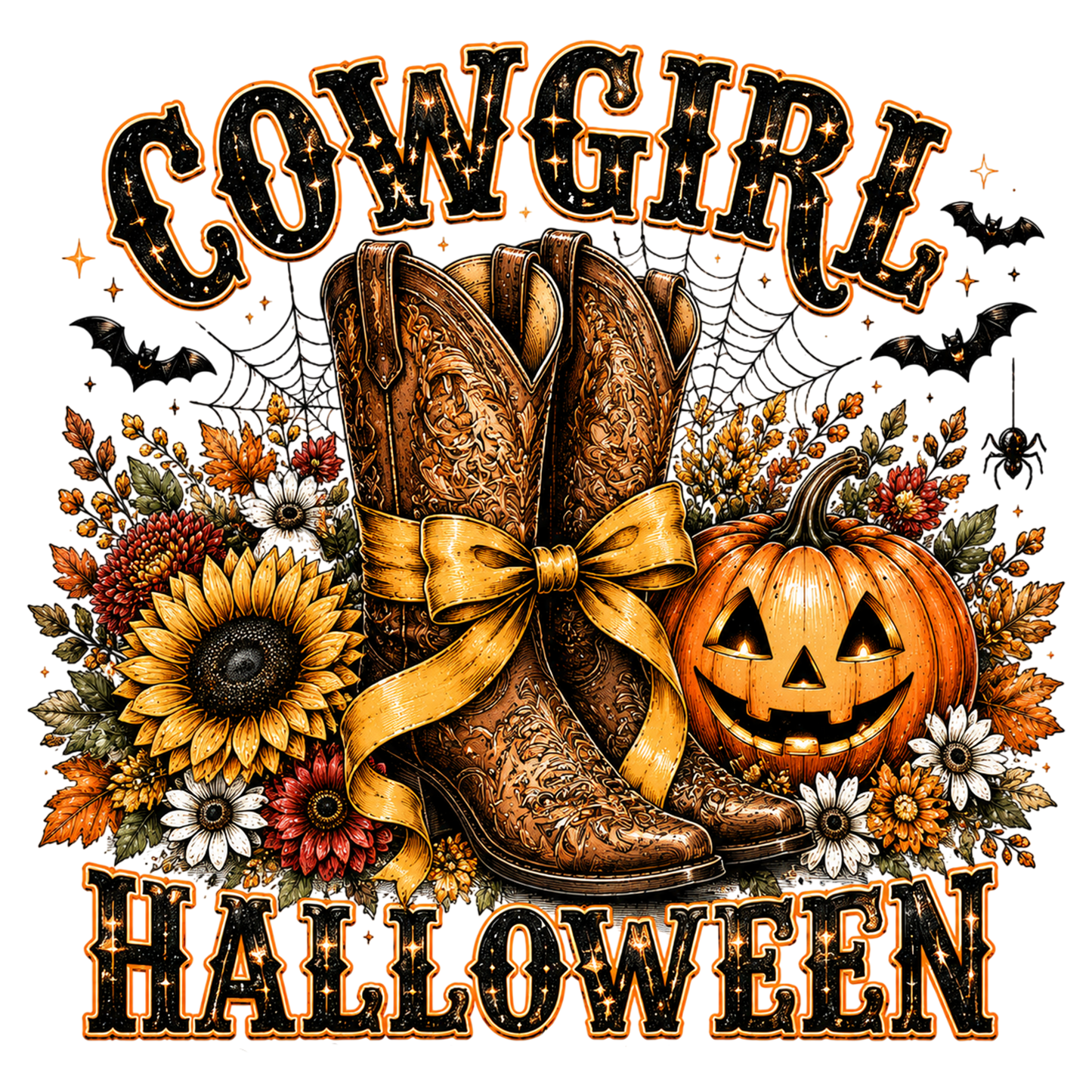 Retro Cowgirl Halloween PNG | Western Cowboy Boots Pumpkin Fall Spooky Sublimation Design