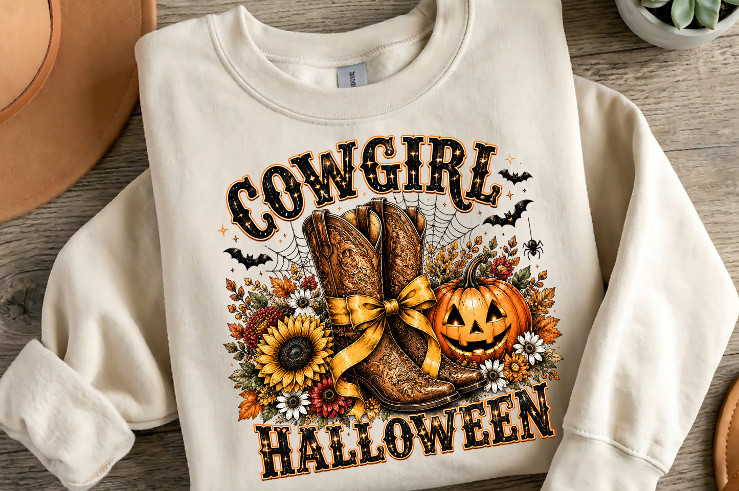 Retro Cowgirl Halloween PNG | Western Cowboy Boots Pumpkin Fall Spooky Sublimation Design
