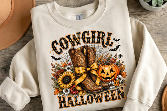 Retro Cowgirl Halloween PNG | Western Cowboy Boots Pumpkin Fall Spooky Sublimation Design