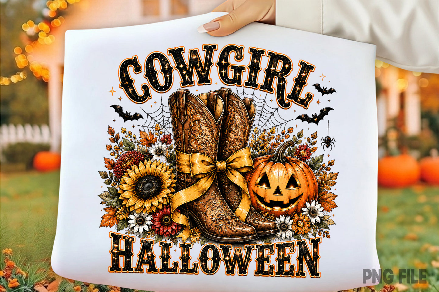 Retro Cowgirl Halloween PNG | Western Cowboy Boots Pumpkin Fall Spooky Sublimation Design
